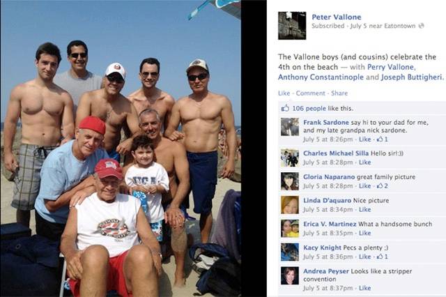 The Vallone family relaxing on the beach; buff Councilman Peter Vallone Jr. is on the far right.